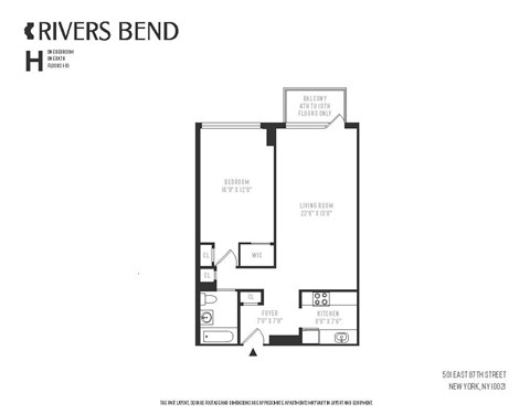 A floor plan for a Rivers Bend apartment shows a bedroom, living room, and kitchen.